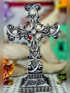 All For Giving Ornate Antiqued Silvertone Resin Decorative Cross. Scroll.